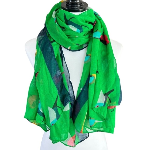 Large Vivid Green Bird-Patterned Scarf in Rich Chiffon 44x70 - Picture 1 of 6